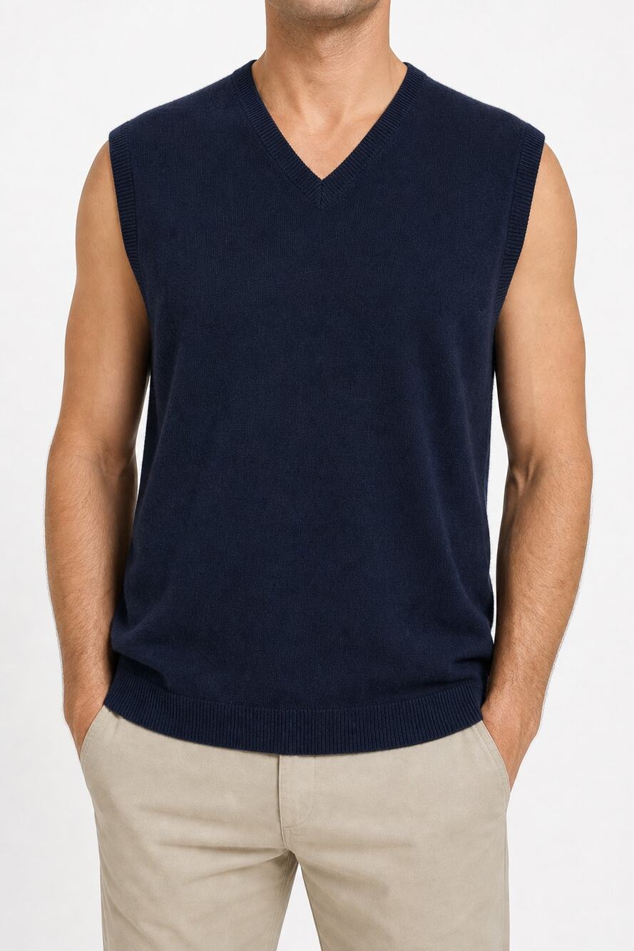 Kallspin Men's Sweater Vest Navy Cashmere Wool Blend V-Neck Lg Golf Country Club